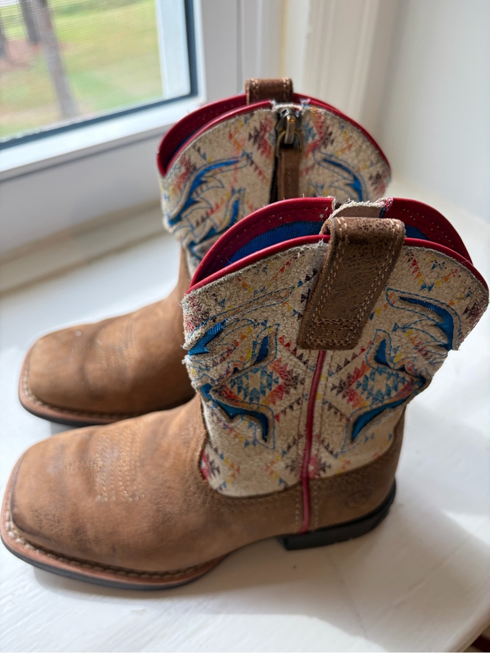 Ariat Kids Brown & Cream Western Cowboy Boots with Blue & Red Accents